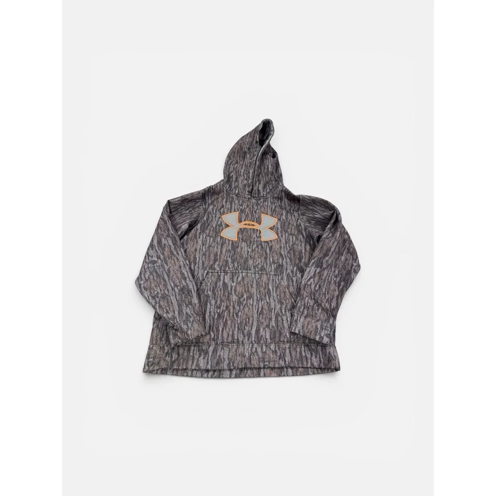 Under Armour Boys Camo Pullover Hooded Hoodie w/ Pockets Orange Logo L